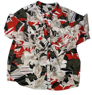 Calvin Klein Women’s Abstract Floral Button Down Shirt Long Sleeve Red Black